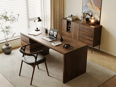 Walnut Wooden Desk With Laptop Lamp Notebook Chair And Cabinet In Cozy Interior 3d model