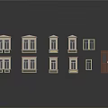 Various Window and Door Models with Decorative Pink Tops and Brown Door on Dark Background