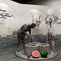 Traditional Chinese Cultural Center Interior With Calligraphy Exhibits And Wooden Display Cabinets