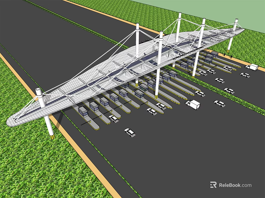 Modern Parking Lot With Large Canopy Structure And Multiple Parking Spaces Near Green Lawns 3d model 