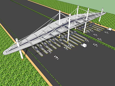 Modern Parking Lot With Large Canopy Structure And Multiple Parking Spaces Near Green Lawns 3d model
