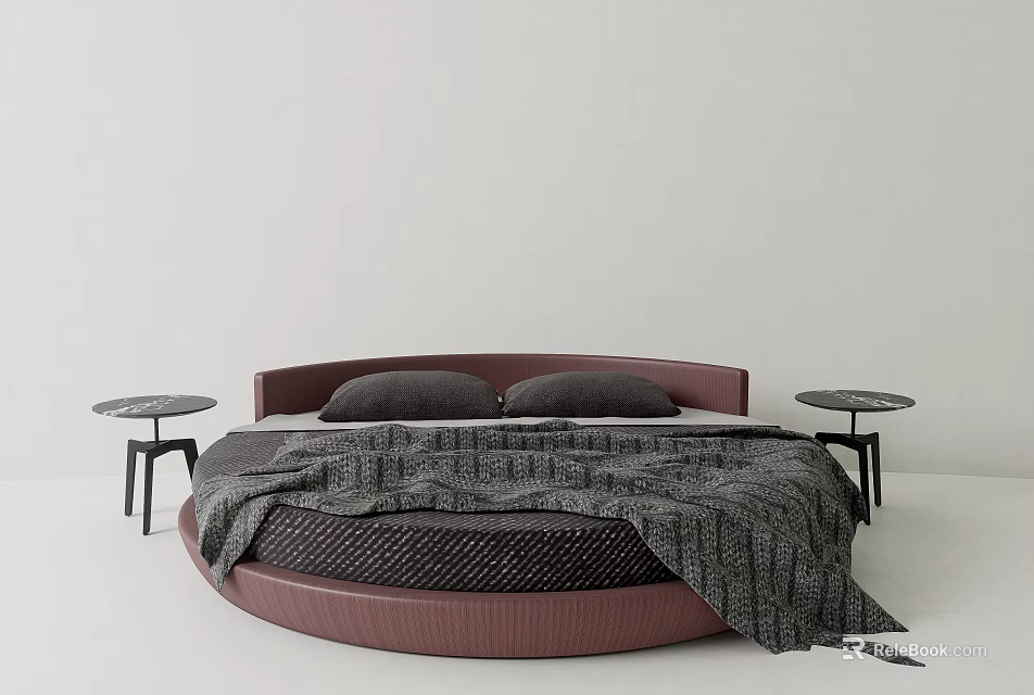 Modern Round Bed Interior Design With Red Headboard Dark Pillows Gray Blanket And Side Tables 3d model 