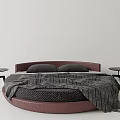 Modern Round Bed Interior Design With Red Headboard Dark Pillows Gray Blanket And Side Tables