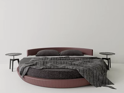 Modern Round Bed Interior Design With Red Headboard Dark Pillows Gray Blanket And Side Tables 3d model