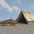 Rustic Canvas Tent Setup With Campfire And Logs Under Blue Sky 3d model