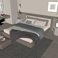 Modern Double Bed With Gray Bedding Nightstands Table Lamp Window Desk And Wall Art