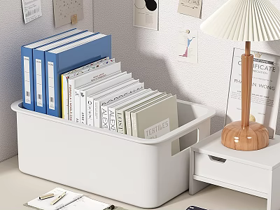 Organized Folders in White Storage Box with Desk Lamp and Wall Notes 3d model