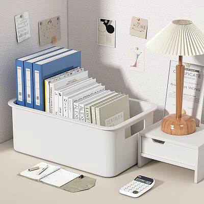Organized Folders in White Storage Box with Desk Lamp and Wall Notes 3d model