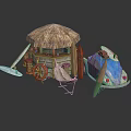 Wooden Hut Featuring Thatched Roof Surfboards Wooden Barrels Ship Wheel and Blue Car