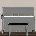 Black YAMAHA Upright Piano With Matching Bench Against Light Wall On Wooden Floor