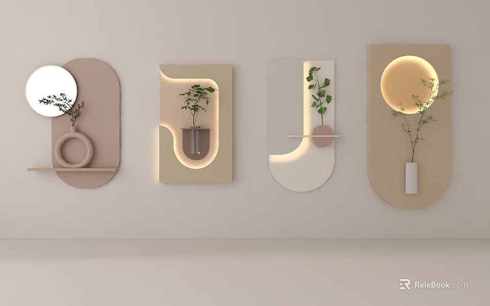 Modern Wall Decor with Various Shapes Lighting Design and Plant Decoration 3d model 