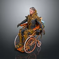 Person In Wheelchair With Biomechanical Armor And Intricate Yellow Brown Design