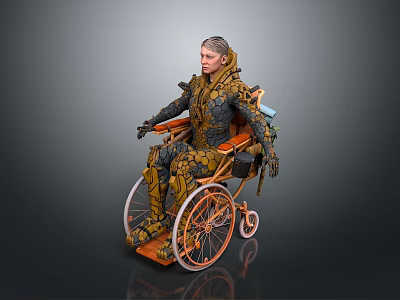 Person In Wheelchair With Biomechanical Armor And Intricate Yellow Brown Design 3d model