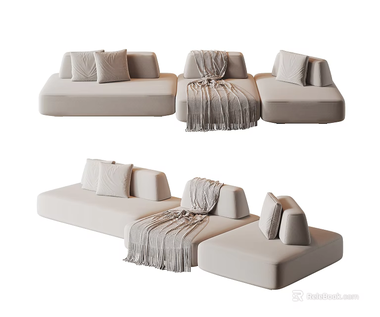Light Beige Modular Sectional Sofa With Plush Pillows And Soft Throw Blanket 3d model 