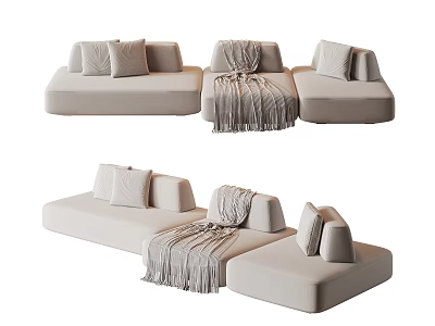 Light Beige Modular Sectional Sofa With Plush Pillows And Soft Throw Blanket 3d model