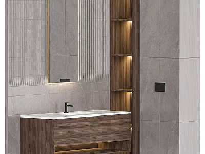 Modern Bathroom Vanity Design With Wooden Cabinet Mirror And LED Lighting 3d model