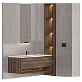 Modern Bathroom Vanity Design With Wooden Cabinet Mirror And LED Lighting