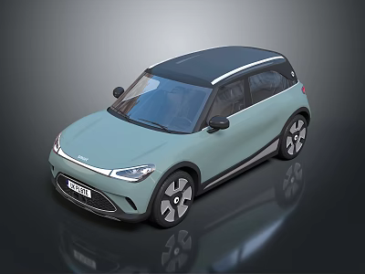 Modern Compact Electric Car With Light Blue Exterior And Black Roof Design 3d model