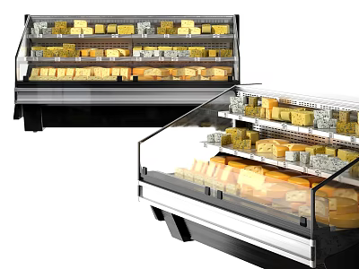 Refrigerated Display Shelves with Glass Doors and LED Lighting for Cheese Products in Supermarket 3d model