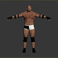 Bald Muscular Man In White Shorts Black Wristbands Knee Pads Boots Standing With Arms Outstretched