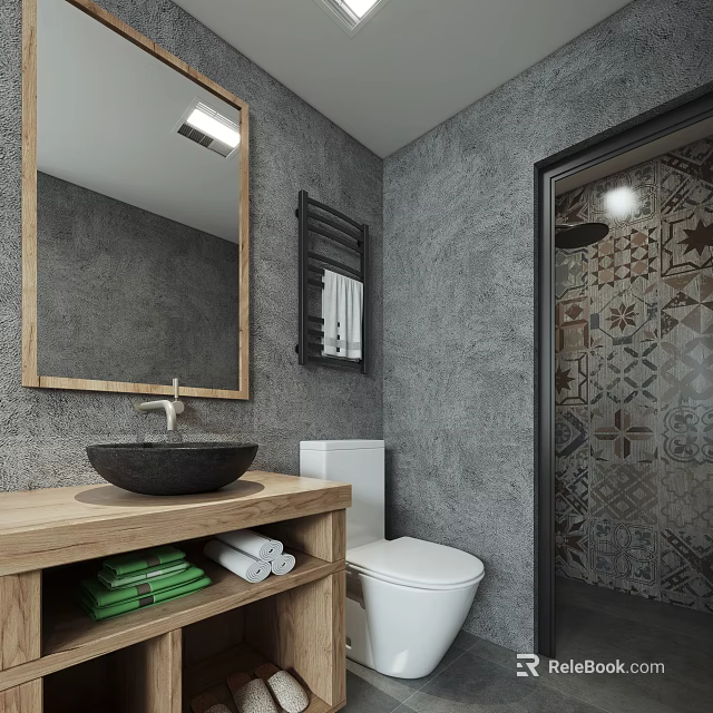 Modern Industrial Bathroom With Wooden Vanity Vessel Sink And Unique Patterned Tiled Shower Area 3d model 