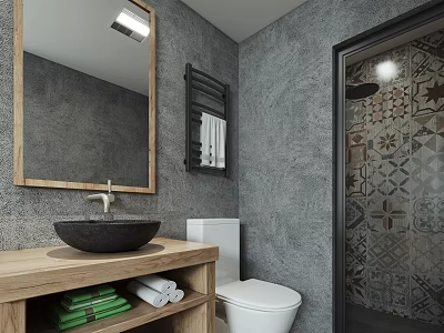 Modern Industrial Bathroom With Wooden Vanity Vessel Sink And Unique Patterned Tiled Shower Area 3d model