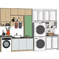 Bathroom Cabinetry with Wooden and Gray Storage Units Washing Machine and Sink