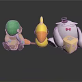 Colorful Stuffed Toy Figures With Green Helmet Yellow Bird And Top Hat White Doll