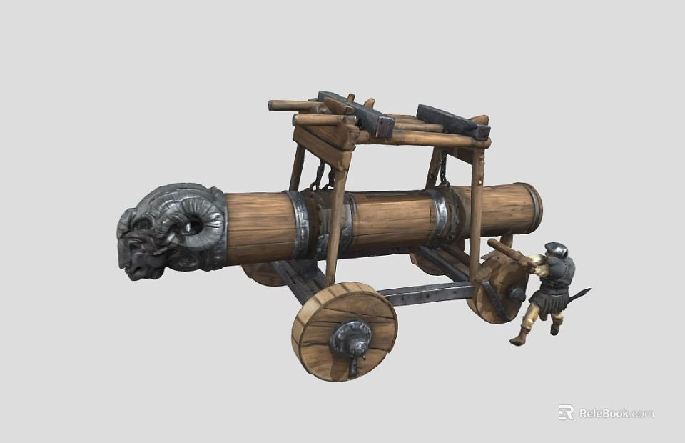 Medieval Battering Ram Weapon With Wooden Structure Metal Reinforcements And Wheels 3d model 