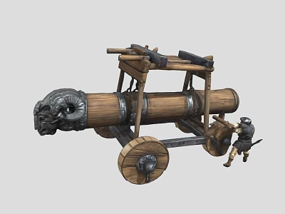 Medieval Battering Ram Weapon With Wooden Structure Metal Reinforcements And Wheels 3d model
