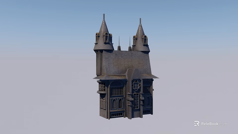 Gothic Architecture Style Castle Building With Spires Towers And Stone Windows 3d model 