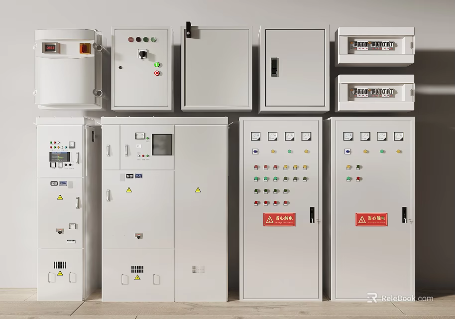 Industrial Electrical Control Cabinets Various Sizes With Control Panels Indicator Lights And Safety Signs 3d model 