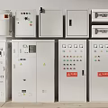 Industrial Electrical Control Cabinets Various Sizes With Control Panels Indicator Lights And Safety Signs