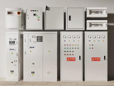Industrial Electrical Control Cabinets Various Sizes With Control Panels Indicator Lights And Safety Signs 3d model