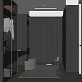 Modern Walk-in Closet Interior With Dark Wood Cabinets Glass Doors Seating Bench And Storage Rug
