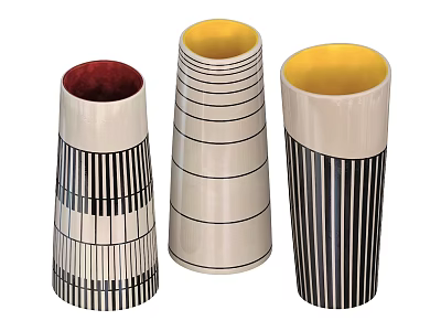 Modern Ceramic Vessels With Red Yellow Interior And Black White Striped Patterns 3d model