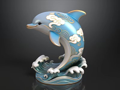Blue Dolphin Sculpture With Gold Accents Cloud Patterns And Wave Base 3d model