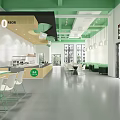 Green Themed Milk Tea Shop Interior With Arch Windows Pendant Lights And Dining Tables
