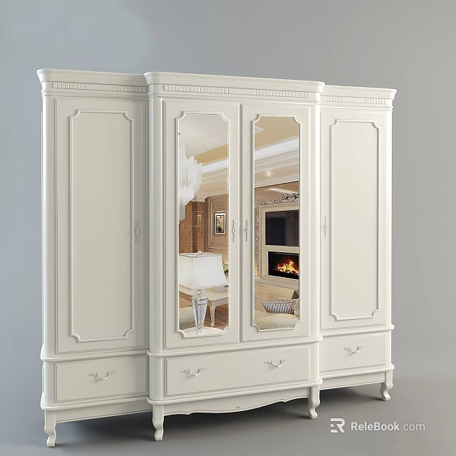 Elegant White Wardrobe With Mirror Doors And Decorative Drawer Details 3d model 