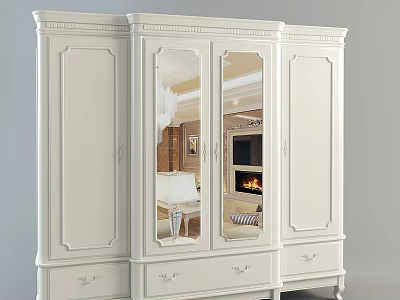 Elegant White Wardrobe With Mirror Doors And Decorative Drawer Details 3d model
