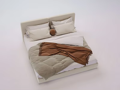 Modern Minimalist Double Bed With Light Colored Headboard Soft Pillows And Brown Blanket 3d model