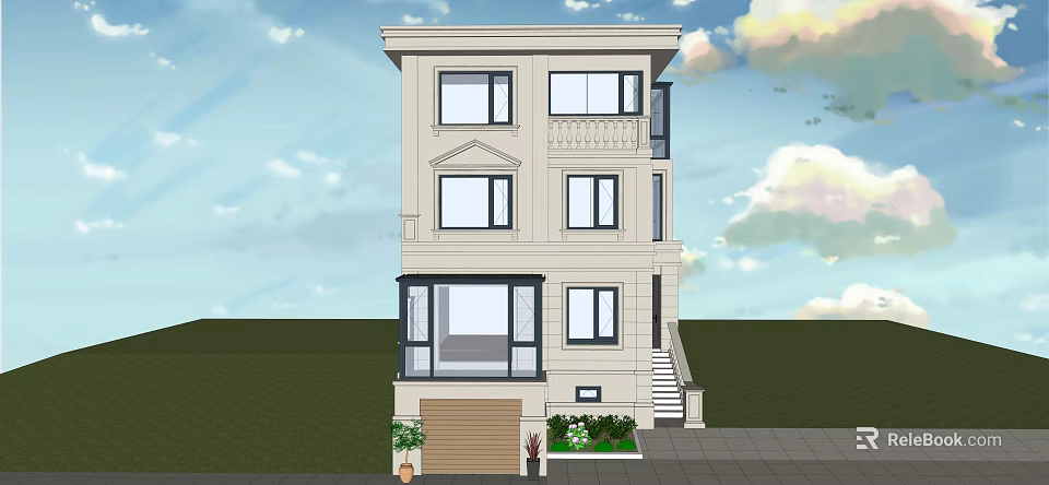 Two Story Detached Villa Exterior Design With Windows Stairs And Garden Plants 3d model 