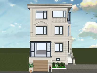Two Story Detached Villa Exterior Design With Windows Stairs And Garden Plants 3d model
