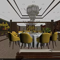 Elegant Private Dining Room Interior With Round Table White Tablecloth Tableware Yellow Flowers And Chandelier