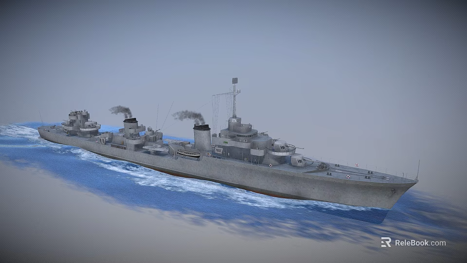 Warship Sailing on Blue Sea with Smoking Chimneys and Long Hull 3d model 
