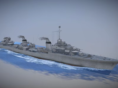 Warship Sailing on Blue Sea with Smoking Chimneys and Long Hull 3d model