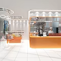 Modern Dessert Shop Interior With Glass Display Cases Orange Counter And Bright Lighting