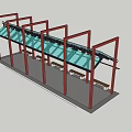 Modern Pergola Structure With Red Frame Green Patterned Glass Canopy And Benches 3d model