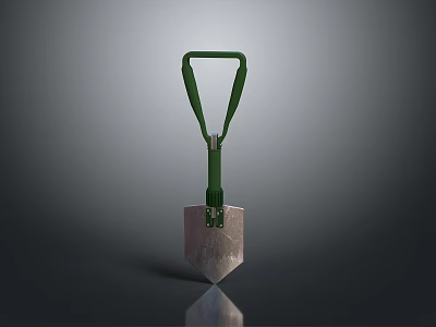 Shovel With Green Handle And Metal Blade On Dark Reflective Surface 3d model