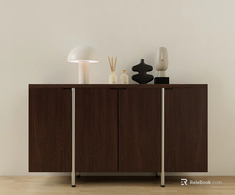 Dark Wood Console Cabinet With Metal Legs Table Lamp Aromatic Diffuser And Decorative Items 3d model 